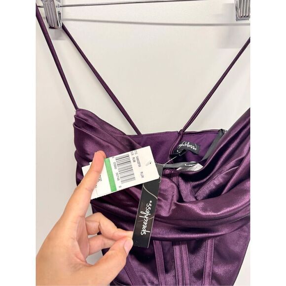 Speechless Pleated Side Slit Satin Gown Size Large Purple Lace‎ Up Maxi - Picture 10 of 12